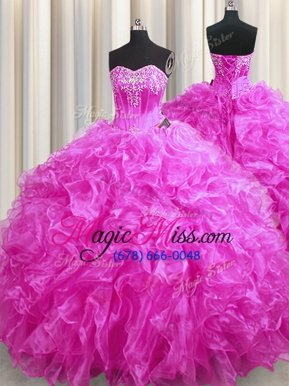Fuchsia Quince Ball Gowns Military Ball and Sweet 16 and Quinceanera and For with Beading and Ruffles Sweetheart Sleeveless Sweep Train Lace Up