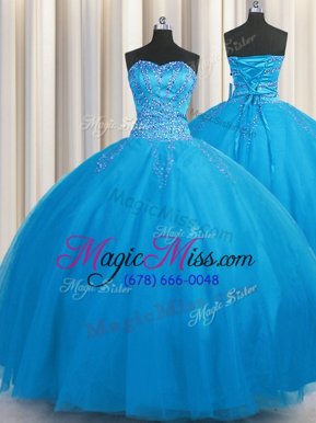 Flare Big Puffy Sleeveless Tulle Floor Length Lace Up Quinceanera Gowns in Blue for with Beading