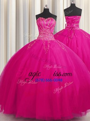 Best Big Puffy Sleeveless Floor Length Beading Lace Up Sweet 16 Quinceanera Dress with Fuchsia