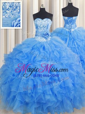 Cute Handcrafted Flower Baby Blue Organza Lace Up Vestidos de Quinceanera Sleeveless Floor Length Beading and Ruffles and Hand Made Flower