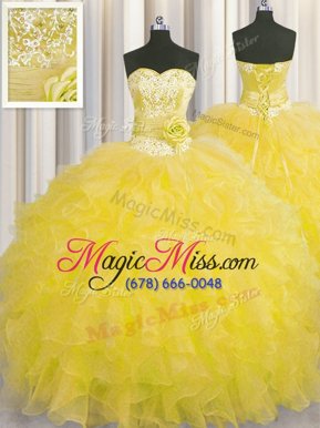 Customized Handcrafted Flower Gold Ball Gowns Organza Sweetheart Sleeveless Beading and Ruffles and Hand Made Flower Floor Length Lace Up Sweet 16 Dresses