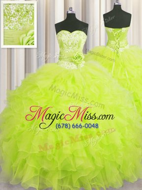 Best Selling Handcrafted Flower Organza Sweetheart Sleeveless Lace Up Beading and Ruffles and Hand Made Flower Quinceanera Gowns in Yellow Green