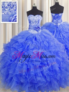 Sweet Handcrafted Flower Royal Blue Lace Up Sweetheart Beading and Ruffles and Hand Made Flower 15 Quinceanera Dress Organza Sleeveless