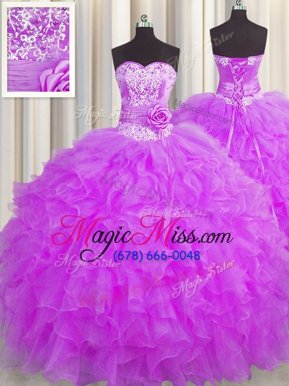Shining Handcrafted Flower Sleeveless Organza Floor Length Lace Up Quince Ball Gowns in Purple for with Beading and Ruffles and Hand Made Flower
