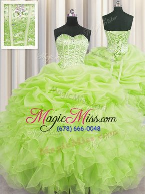Designer Visible Boning Yellow Green Sweetheart Lace Up Beading and Ruffles and Pick Ups Quinceanera Gowns Sleeveless