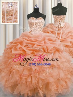 Inexpensive Visible Boning Orange Sweet 16 Dress Military Ball and Sweet 16 and Quinceanera and For with Beading and Ruffles and Pick Ups Sweetheart Sleeveless Lace Up