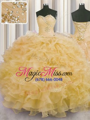 Modern Sleeveless Organza Floor Length Lace Up Quinceanera Gowns in Champagne for with Beading and Ruffles