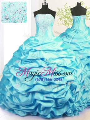 Artistic Aqua Blue Lace Up Quinceanera Gown Beading and Pick Ups Sleeveless With Train Sweep Train