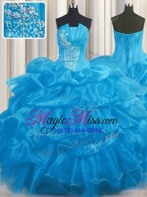 Pretty Baby Blue Strapless Neckline Beading and Ruffles and Pick Ups Quince Ball Gowns Sleeveless Lace Up