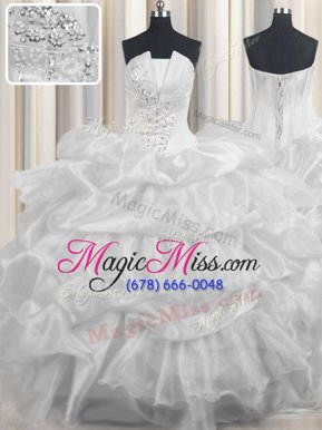 Gorgeous Strapless Sleeveless 15 Quinceanera Dress Floor Length Beading and Ruffled Layers and Pick Ups White Organza
