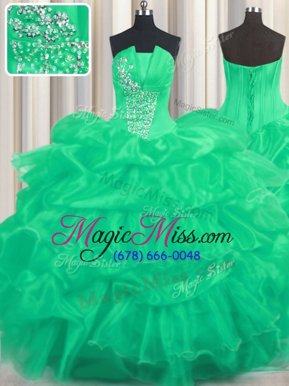 Stunning Sleeveless Floor Length Beading and Ruffled Layers and Pick Ups Lace Up 15 Quinceanera Dress with Turquoise