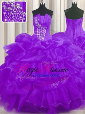 Superior Purple Sleeveless Floor Length Beading and Ruffled Layers and Pick Ups Lace Up 15 Quinceanera Dress