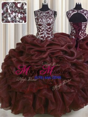 Low Price See Through Burgundy Organza Lace Up Scoop Sleeveless Floor Length Ball Gown Prom Dress Beading and Pick Ups