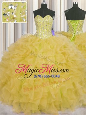 Visible Boning Sleeveless Organza Floor Length Lace Up Ball Gown Prom Dress in Yellow for with Beading and Ruffles and Sashes|ribbons