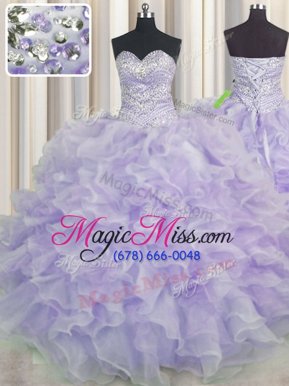 Flare Organza Sweetheart Sleeveless Lace Up Beading and Ruffles Quinceanera Dresses in Lavender
