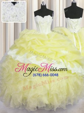 Fashionable Light Yellow Sweetheart Neckline Beading and Appliques and Ruffles and Pick Ups Sweet 16 Quinceanera Dress Sleeveless Lace Up