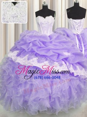 Great Lavender Sleeveless Beading and Appliques and Ruffles and Pick Ups Floor Length Quince Ball Gowns