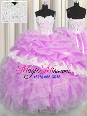 Designer Lilac Ball Gowns Sweetheart Sleeveless Organza Floor Length Lace Up Beading and Appliques and Ruffles and Pick Ups Sweet 16 Dress