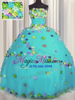 Graceful Sleeveless Tulle Floor Length Lace Up Vestidos de Quinceanera in Aqua Blue for with Hand Made Flower