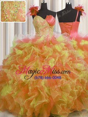 Pretty Handcrafted Flower Multi-color 15 Quinceanera Dress Military Ball and Sweet 16 and Quinceanera and For with Beading and Ruffles and Hand Made Flower One Shoulder Sleeveless Lace Up