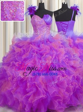 Custom Designed Handcrafted Flower One Shoulder Sleeveless Quinceanera Dress Floor Length Beading and Ruffles and Hand Made Flower Multi-color Tulle