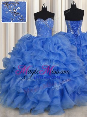 Fancy Aqua Blue Organza Lace Up Sweetheart Sleeveless Floor Length Quinceanera Dresses Beading and Ruffles