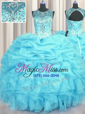 Discount Scoop See Through Beading and Ruffles and Pick Ups 15 Quinceanera Dress Aqua Blue Lace Up Sleeveless Floor Length