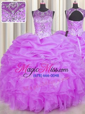 Simple See Through Lilac Scoop Backless Beading and Ruffles and Pick Ups Quinceanera Dress Sleeveless