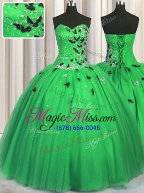 Lovely Tulle Sweetheart Sleeveless Lace Up Beading and Appliques Quinceanera Dress in Green