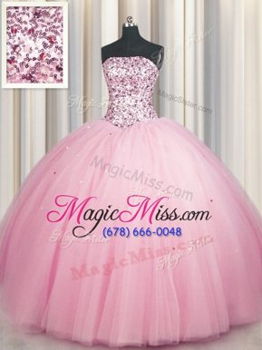 Big Puffy Pink Sleeveless Sequins Floor Length Quinceanera Gowns