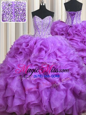 Exceptional Sleeveless Beading and Ruffles Lace Up Quinceanera Dress with Lavender Sweep Train
