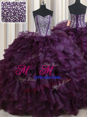 Sophisticated Sweetheart Sleeveless Vestidos de Quinceanera Floor Length Beading and Ruffles Dark Purple Organza