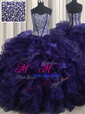 Glamorous Purple Sleeveless Organza Brush Train Lace Up 15th Birthday Dress for Military Ball and Sweet 16 and Quinceanera