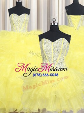 Best Selling Three Piece Organza Sweetheart Sleeveless Lace Up Beading and Ruffles Quinceanera Gowns in Yellow