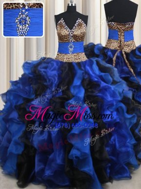 Adorable Blue And Black Ball Gowns Strapless Sleeveless Organza Floor Length Lace Up Beading and Ruffles Sweet 16 Quinceanera Dress