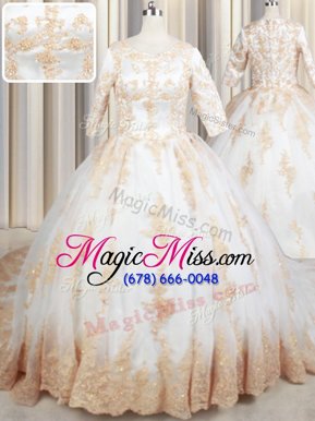 Scoop White Zipper Sweet 16 Dress Beading and Lace and Appliques Half Sleeves Court Train