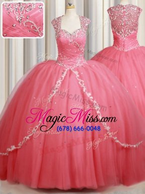 Affordable Straps Straps Cap Sleeves Sweep Train Zipper Beading and Appliques 15 Quinceanera Dress
