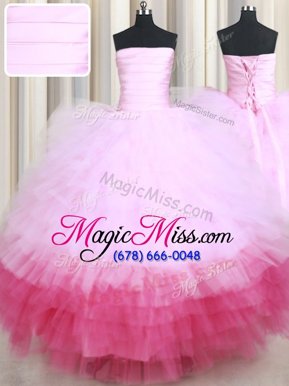Exquisite Ruffled Pink And White Sleeveless Tulle Lace Up Quinceanera Gown for Military Ball and Sweet 16 and Quinceanera