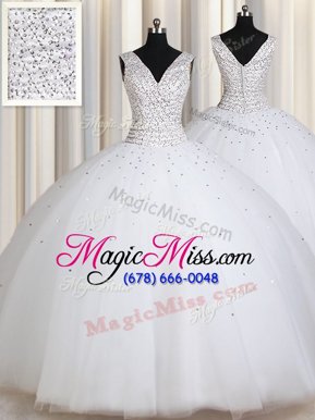 Suitable White Tulle Zipper Straps Sleeveless Floor Length Sweet 16 Quinceanera Dress Beading and Sequins