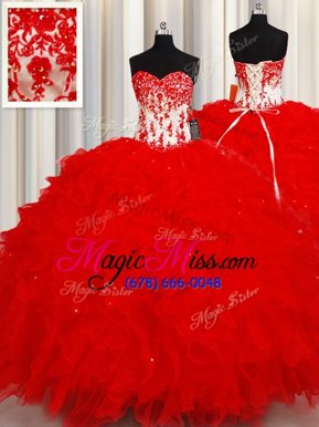 Suitable Sequins Ball Gowns Ball Gown Prom Dress Red Sweetheart Organza Sleeveless Floor Length Lace Up