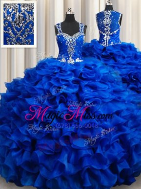 Cute Straps Sleeveless Organza Quince Ball Gowns Beading and Appliques and Ruffles Lace Up