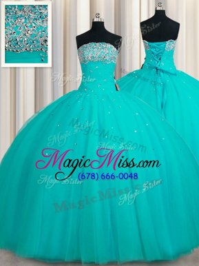 Fabulous Aqua Blue Sleeveless Beading and Sequins Floor Length Quinceanera Gowns