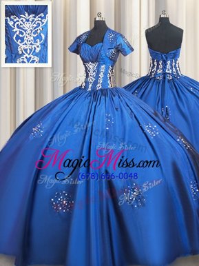 Amazing Blue Sweetheart Neckline Beading and Appliques Sweet 16 Dresses Short Sleeves Lace Up