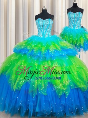 Customized Three Piece Multi-color Ball Gowns Tulle Sweetheart Sleeveless Beading and Ruffled Layers Floor Length Lace Up Sweet 16 Dresses