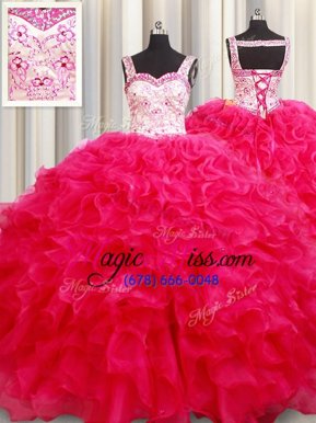 Straps Sleeveless Lace Up Ball Gown Prom Dress Hot Pink Organza