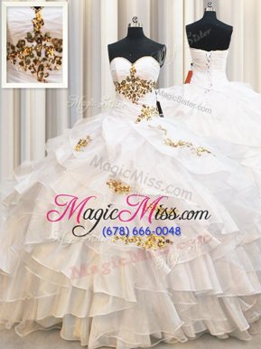 Perfect Ruffled Ball Gowns Sweet 16 Dresses White Sweetheart Organza Sleeveless Floor Length Lace Up