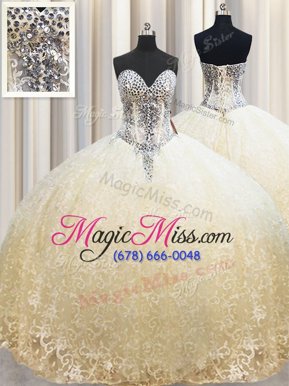 Super Champagne Ball Gowns Sweetheart Sleeveless Organza Floor Length Lace Up Beading and Appliques Sweet 16 Dress
