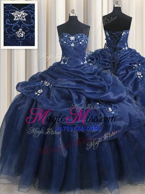 Extravagant Appliques and Pick Ups Sweet 16 Dresses Navy Blue Lace Up Sleeveless Floor Length