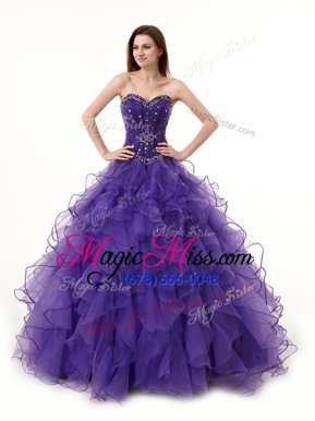 Dramatic Sleeveless Floor Length Beading and Ruffles Lace Up 15th Birthday Dress with Purple