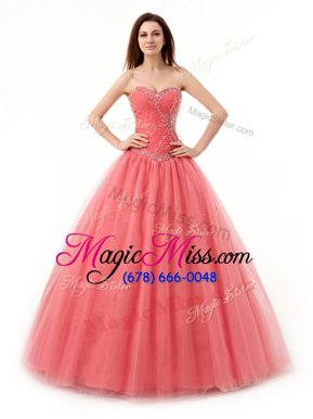 Watermelon Red Sleeveless Floor Length Beading and Ruching Lace Up Ball Gown Prom Dress